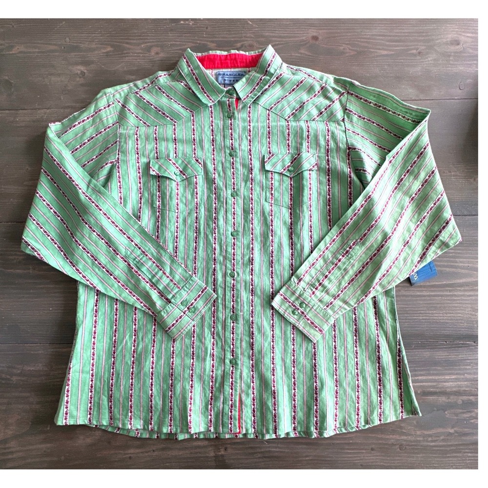 Wrangler Blues Western Shirt – Men's XXL Green w/ Floral Stripe NWT Ramie Cotton